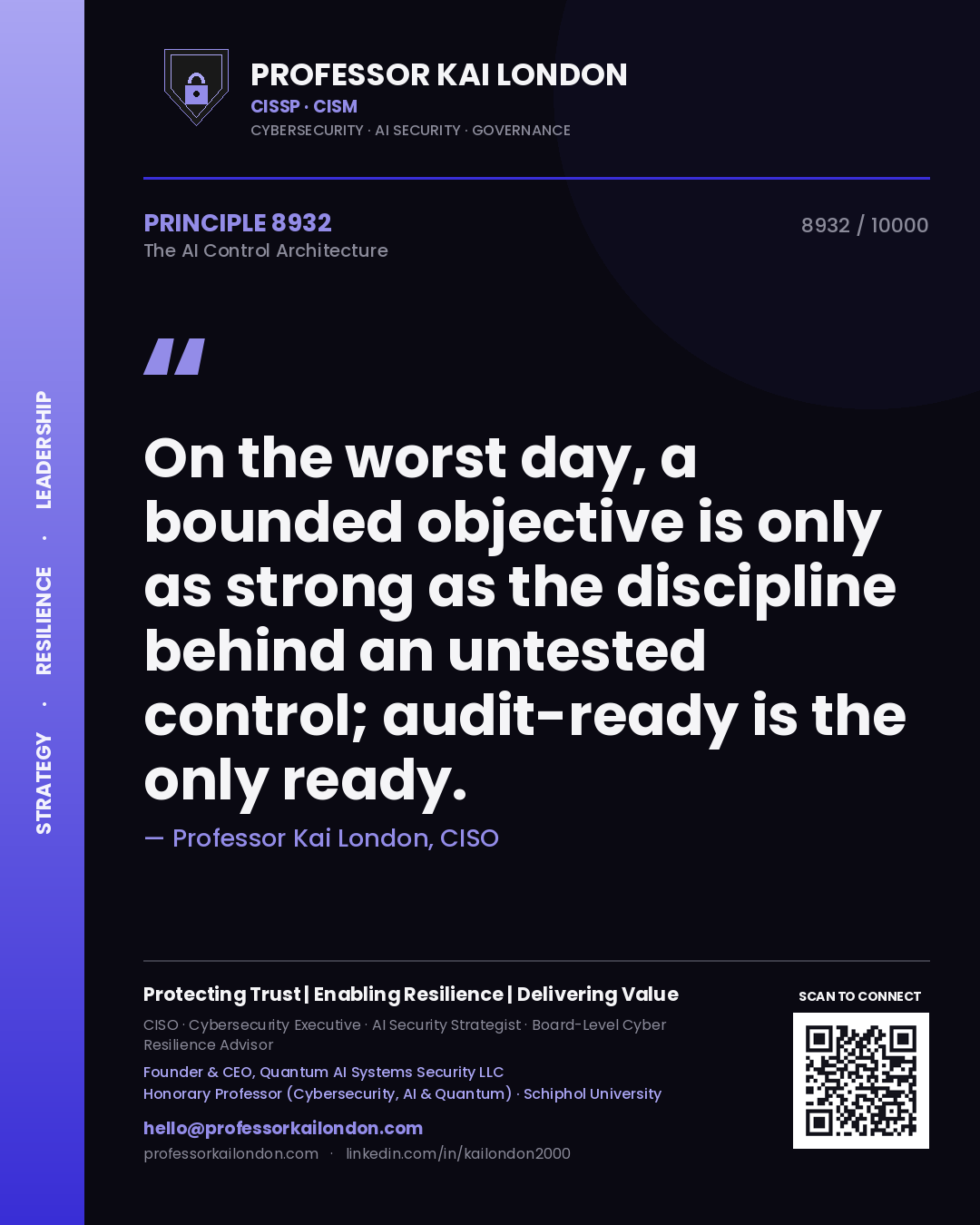 Quote card by Professor Kai London reading 'On the worst day, a bounded objective is only as strong as the discipline behind an untested control; audit-ready is the only ready.'. From the book The AI Control Architecture.