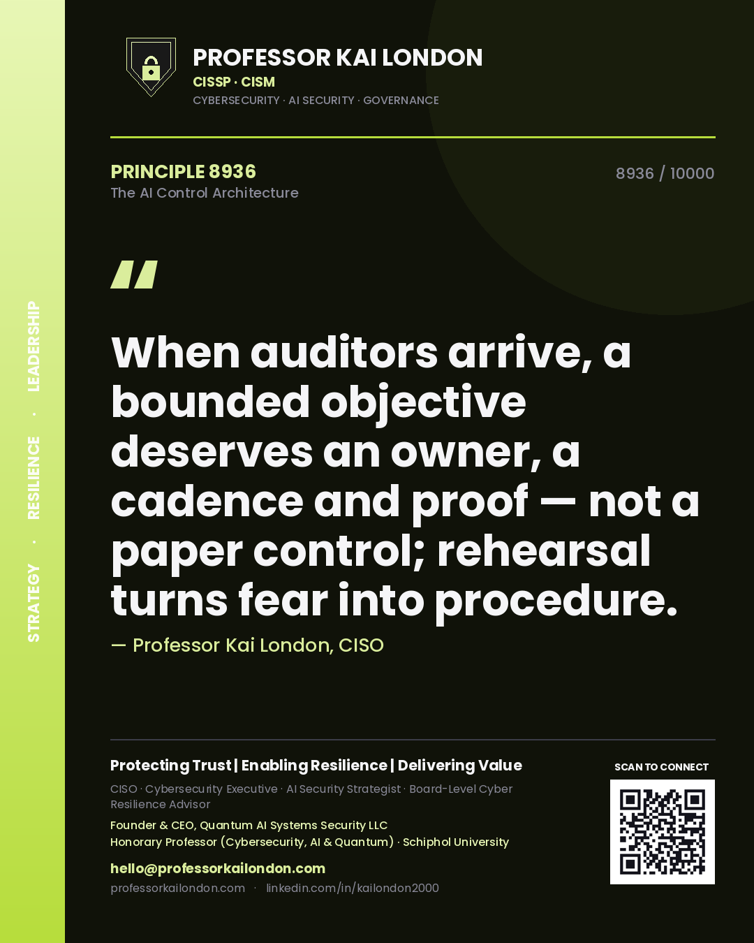 Quote card by Professor Kai London reading 'When auditors arrive, a bounded objective deserves an owner, a cadence and proof — not a paper control; rehearsal turns fear into procedure.'. From the book The AI Control Architecture.