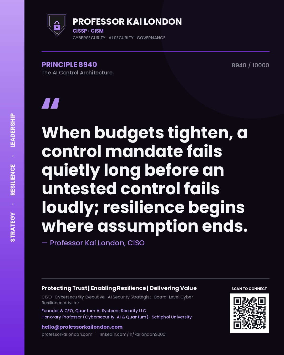 Quote card by Professor Kai London reading 'When budgets tighten, a control mandate fails quietly long before an untested control fails loudly; resilience begins where assumption ends.'. From the book The AI Control Architecture.