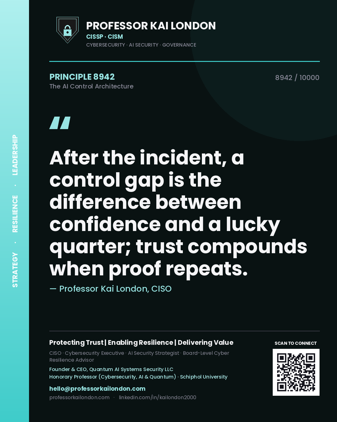 Quote card by Professor Kai London reading 'After the incident, a control gap is the difference between confidence and a lucky quarter; trust compounds when proof repeats.'. From the book The AI Control Architecture.