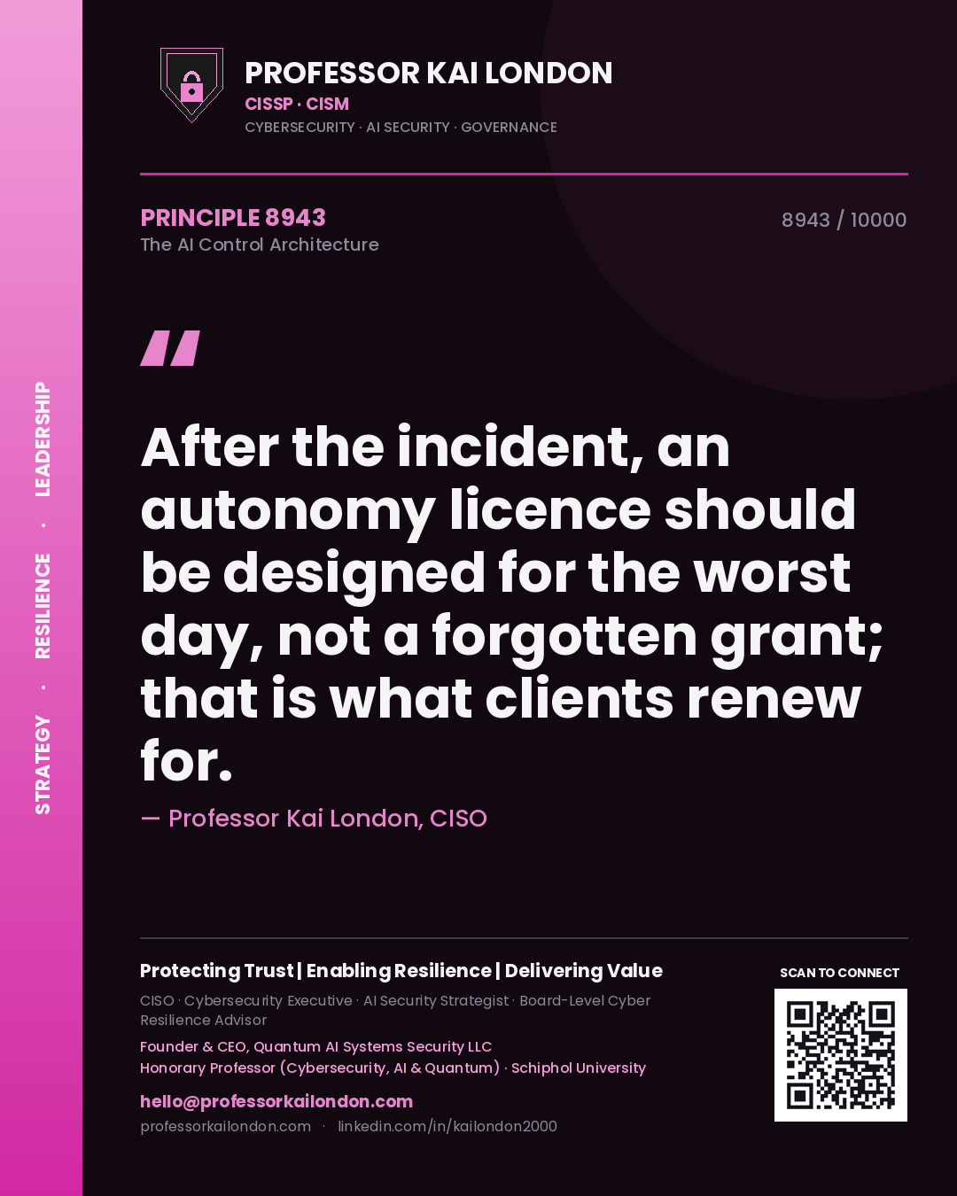 Quote card by Professor Kai London reading 'After the incident, an autonomy licence should be designed for the worst day, not a forgotten grant; that is what clients renew for.'. From the book The AI Control Architecture.