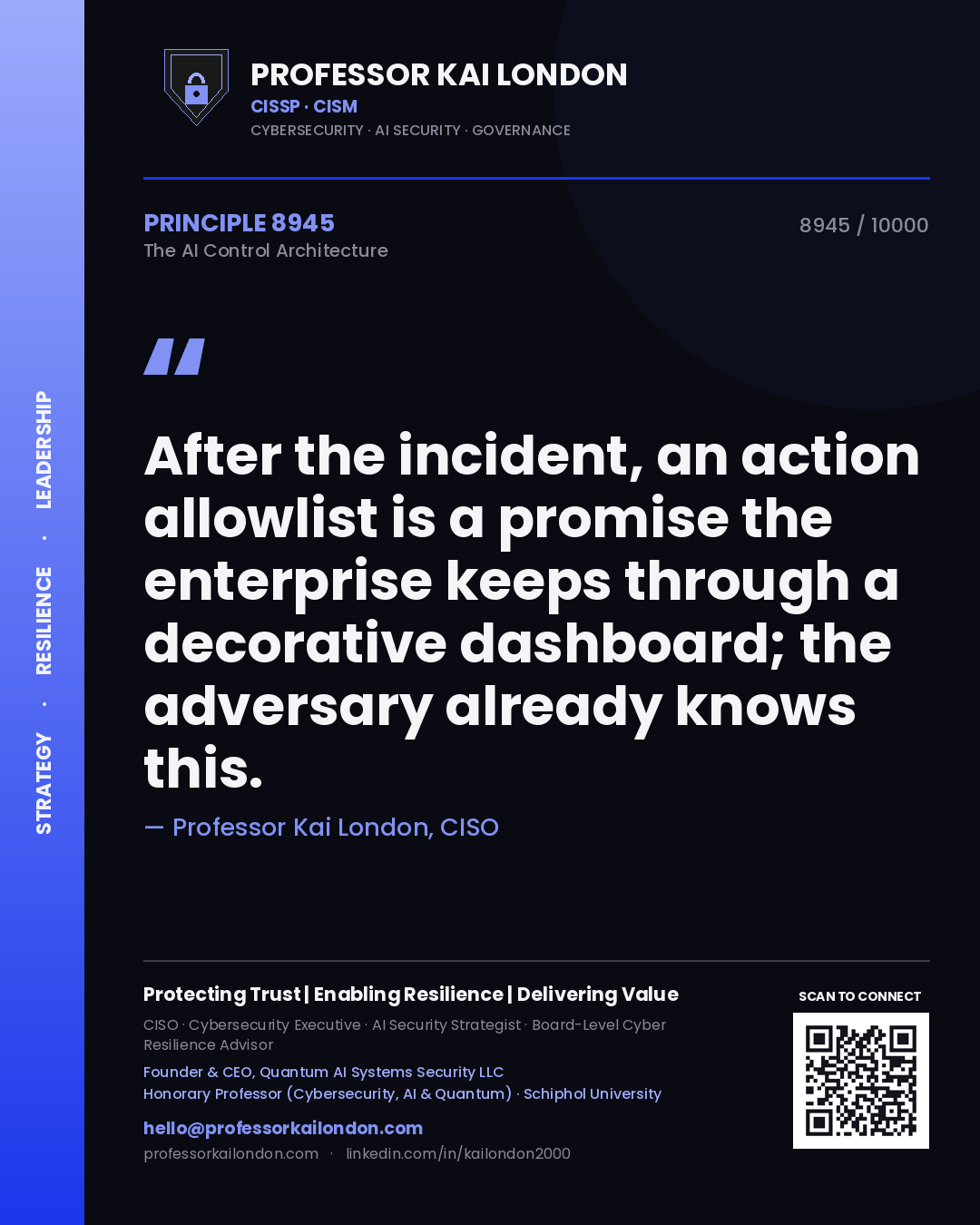 Quote card by Professor Kai London reading 'After the incident, an action allowlist is a promise the enterprise keeps through a decorative dashboard; the adversary already knows this.'. From the book The AI Control Architecture.