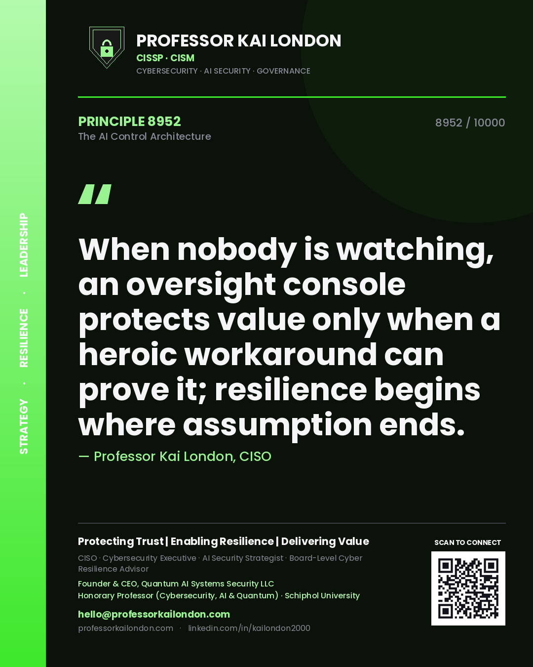 Quote card by Professor Kai London reading 'When nobody is watching, an oversight console protects value only when a heroic workaround can prove it; resilience begins where assumption ends.'. From the book The AI Control Architecture.