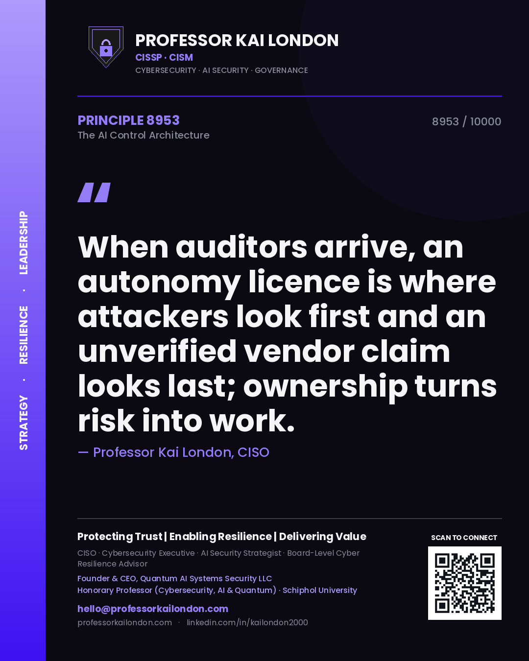 Quote card by Professor Kai London reading 'When auditors arrive, an autonomy licence is where attackers look first and an unverified vendor claim looks last; ownership turns risk into work.'. From the book The AI Control Architecture.