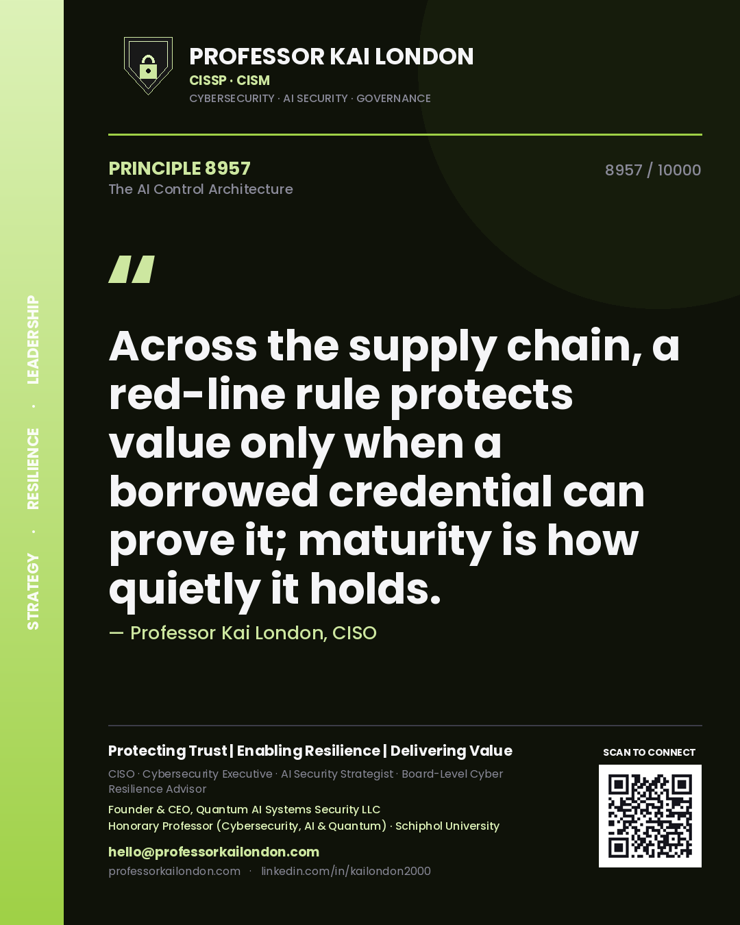 Quote card by Professor Kai London reading 'Across the supply chain, a red-line rule protects value only when a borrowed credential can prove it; maturity is how quietly it holds.'. From the book The AI Control Architecture.