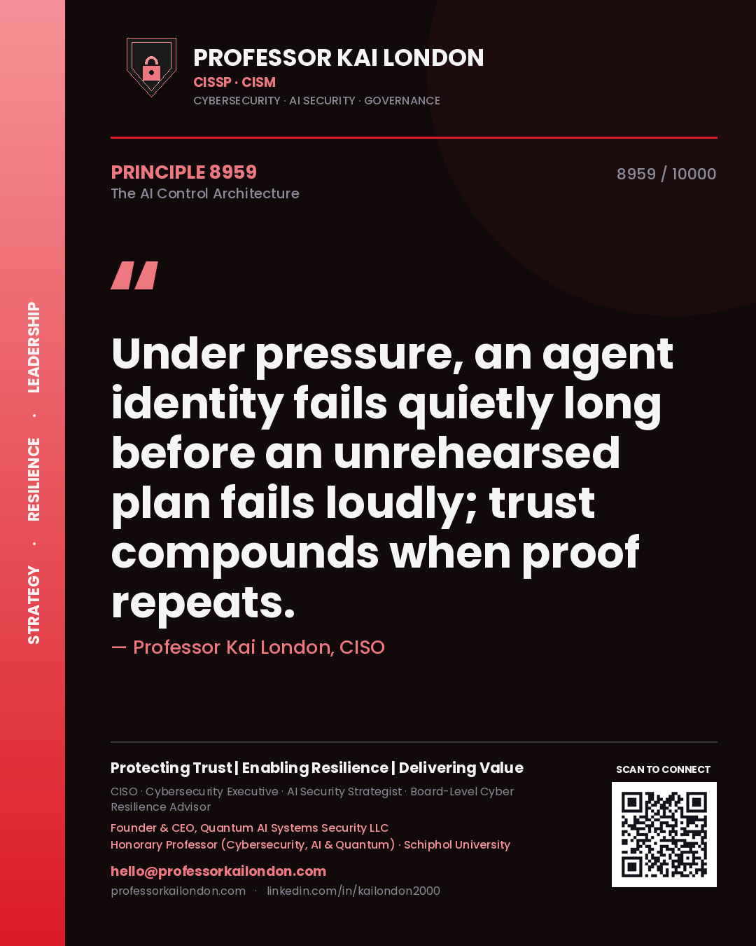 Professor Kai London principle 8959: Under pressure, an agent identity fails quietly long before an unrehearsed plan fails loudly; trust compounds when proof repeats.