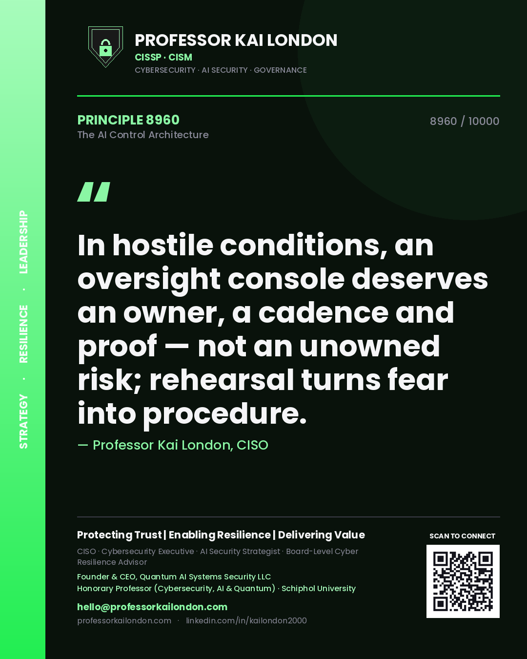 Quote card by Professor Kai London reading 'In hostile conditions, an oversight console deserves an owner, a cadence and proof — not an unowned risk; rehearsal turns fear into procedure.'. From the book The AI Control Architecture.