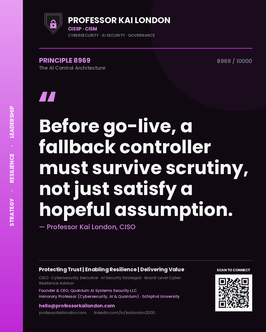 Quote card by Professor Kai London reading 'Before go-live, a fallback controller must survive scrutiny, not just satisfy a hopeful assumption.'. From the book The AI Control Architecture.