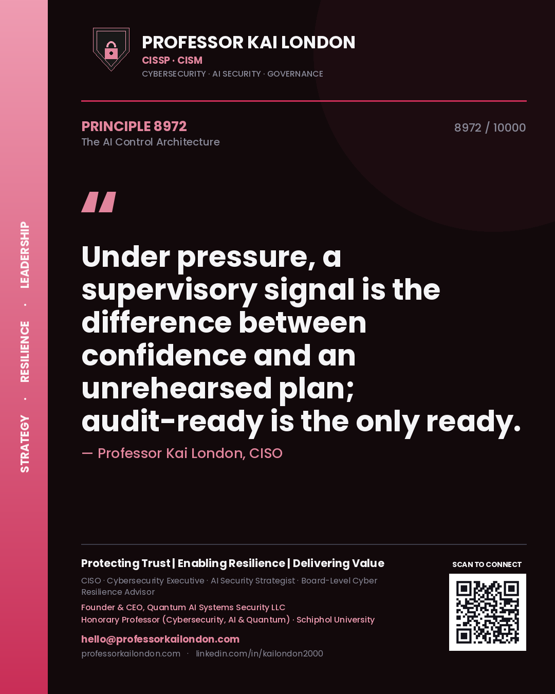Quote card by Professor Kai London reading 'Under pressure, a supervisory signal is the difference between confidence and an unrehearsed plan; audit-ready is the only ready.'. From the book The AI Control Architecture.