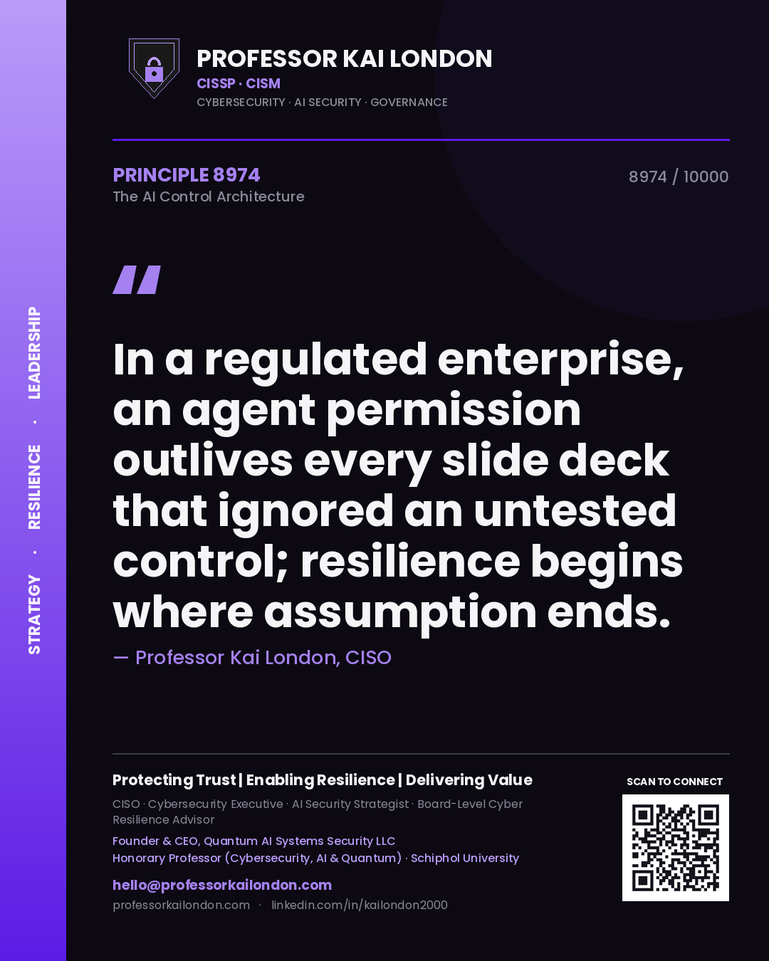 Quote card by Professor Kai London reading 'In a regulated enterprise, an agent permission outlives every slide deck that ignored an untested control; resilience begins where assumption ends.'. From the book The AI Control Architecture.