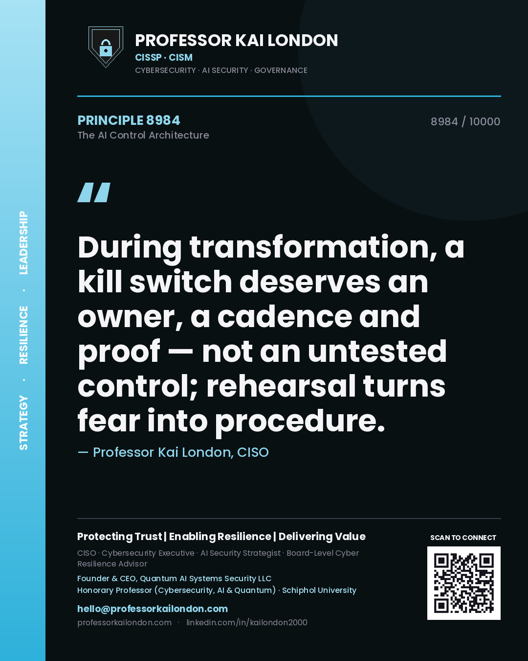 Quote card by Professor Kai London reading 'During transformation, a kill switch deserves an owner, a cadence and proof — not an untested control; rehearsal turns fear into procedure.'. From the book The AI Control Architecture.