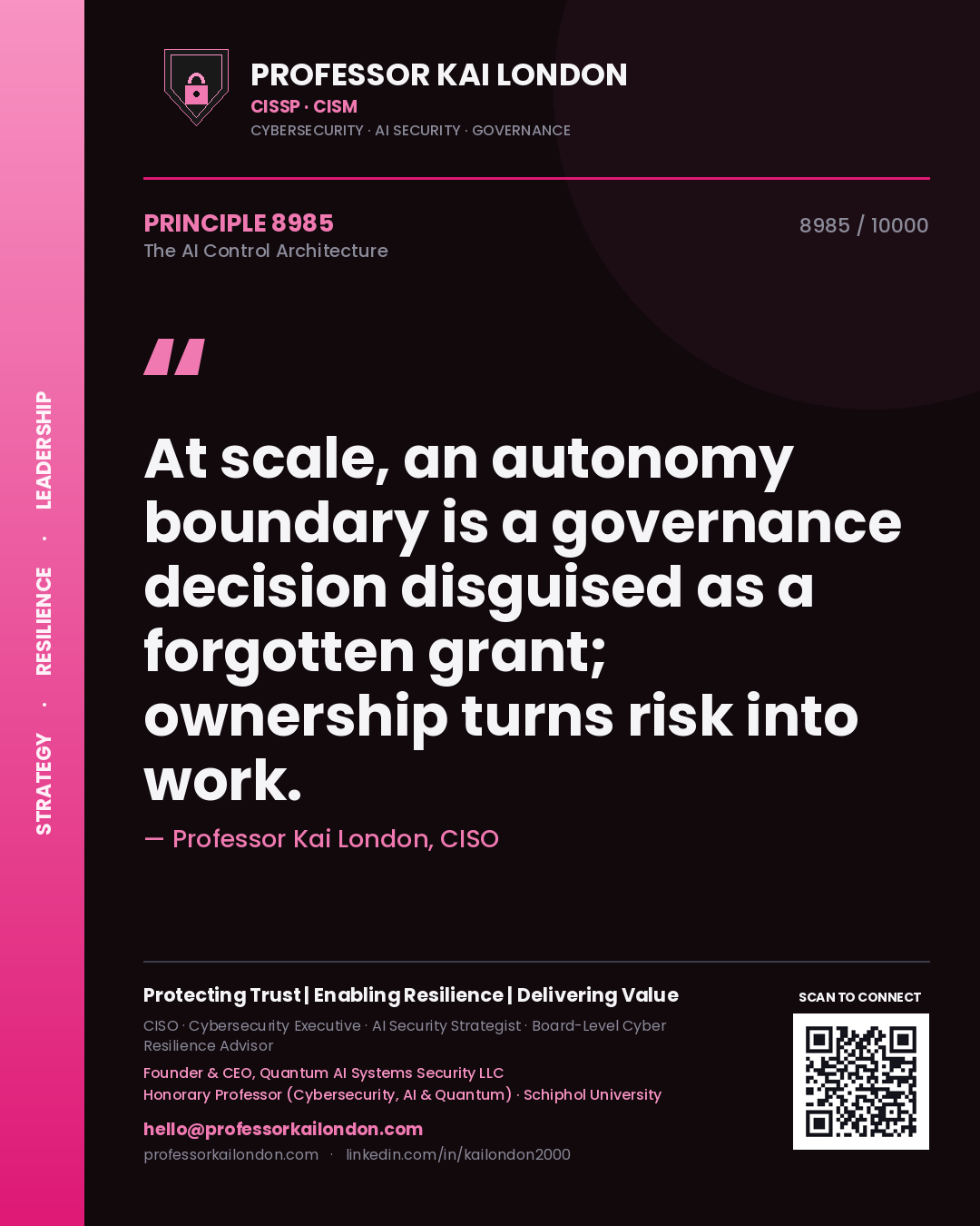 Quote card by Professor Kai London reading 'At scale, an autonomy boundary is a governance decision disguised as a forgotten grant; ownership turns risk into work.'. From the book The AI Control Architecture.