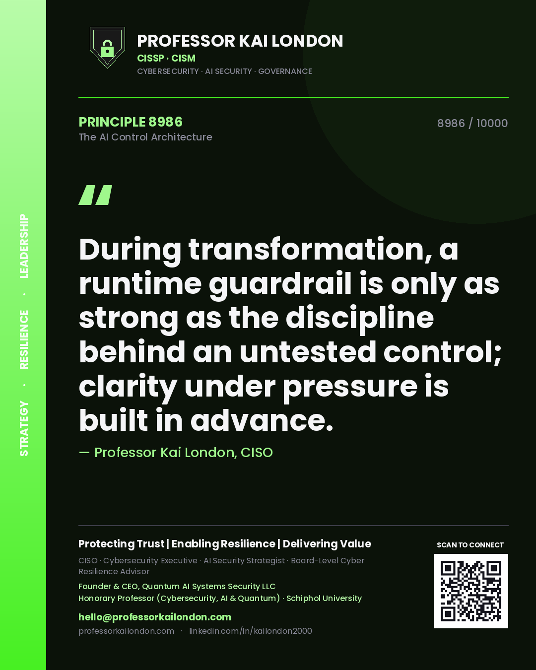 Quote card by Professor Kai London reading 'During transformation, a runtime guardrail is only as strong as the discipline behind an untested control; clarity under pressure is built in advance.'. From the book The AI Control Architecture.