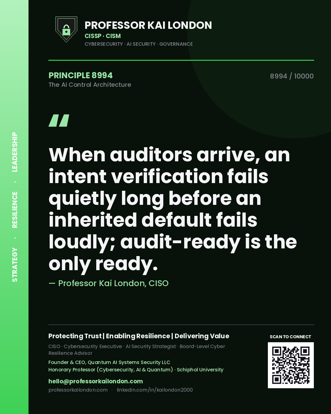 Quote card by Professor Kai London reading 'When auditors arrive, an intent verification fails quietly long before an inherited default fails loudly; audit-ready is the only ready.'. From the book The AI Control Architecture.
