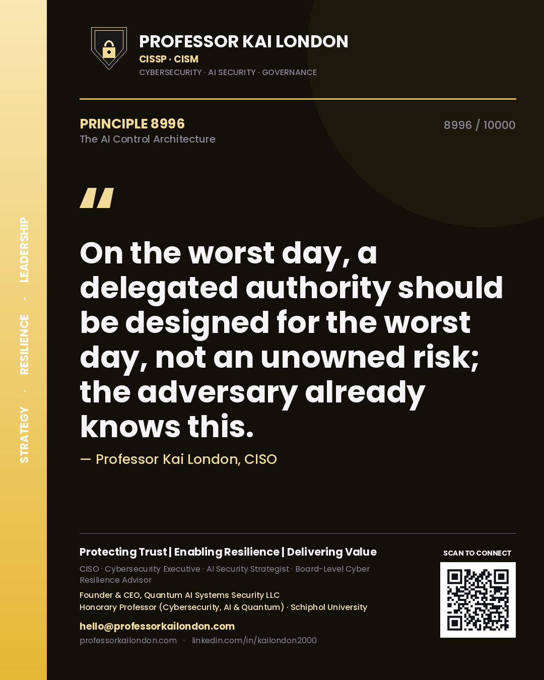 Quote card by Professor Kai London reading 'On the worst day, a delegated authority should be designed for the worst day, not an unowned risk; the adversary already knows this.'. From the book The AI Control Architecture.