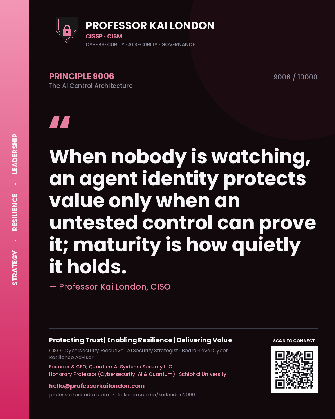 Quote card by Professor Kai London reading 'When nobody is watching, an agent identity protects value only when an untested control can prove it; maturity is how quietly it holds.'. From the book The AI Control Architecture.