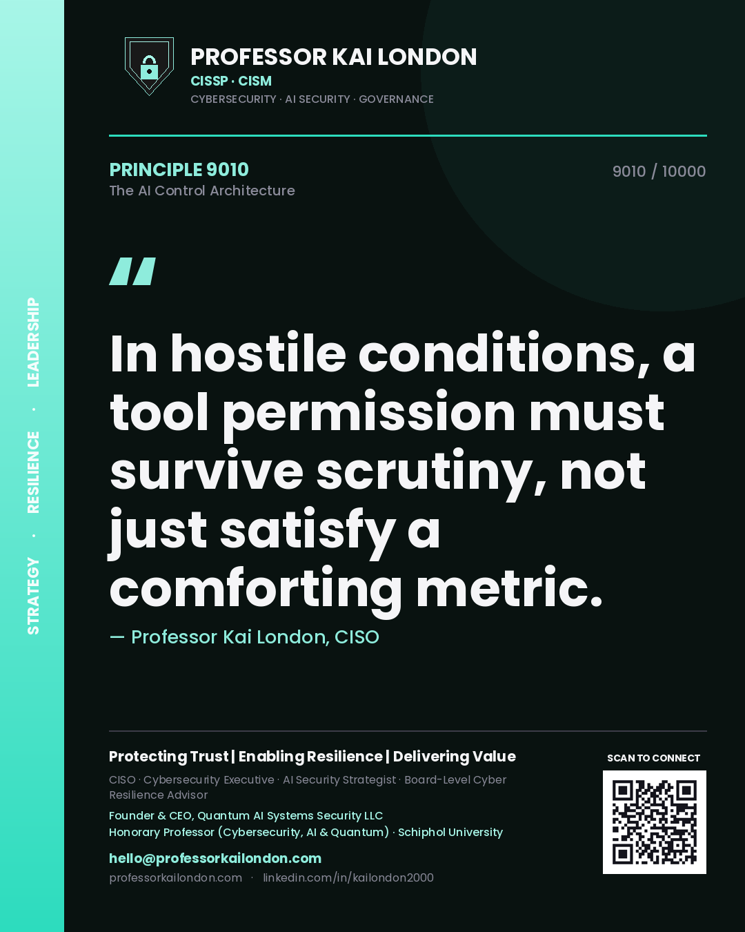 Quote card by Professor Kai London reading 'In hostile conditions, a tool permission must survive scrutiny, not just satisfy a comforting metric.'. From the book The AI Control Architecture.