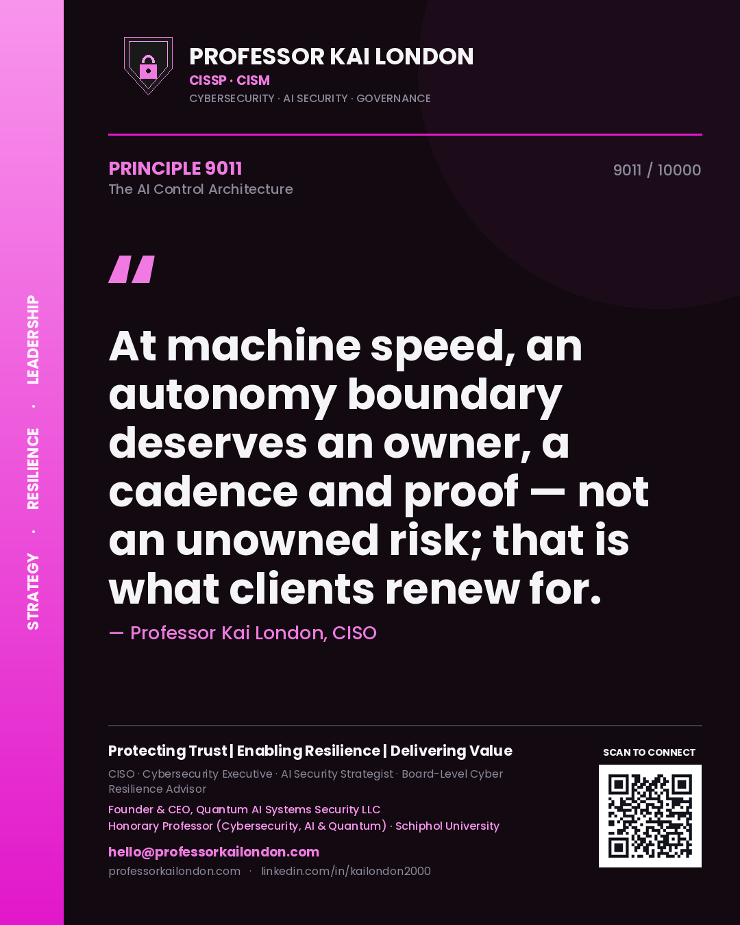 Quote card by Professor Kai London reading 'At machine speed, an autonomy boundary deserves an owner, a cadence and proof — not an unowned risk; that is what clients renew for.'. From the book The AI Control Architecture.