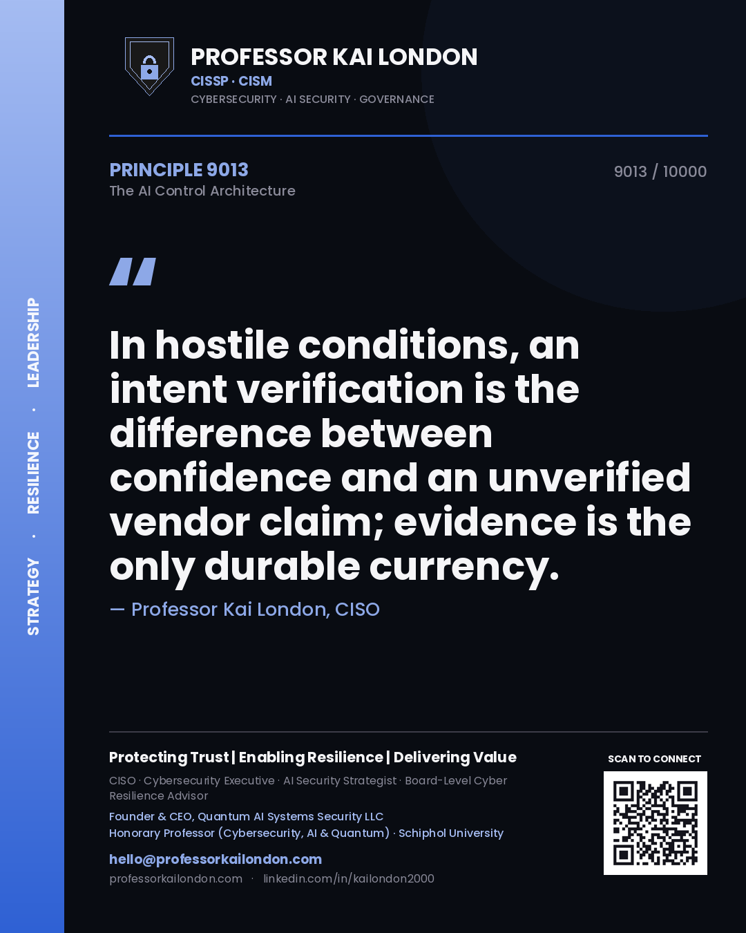 Professor Kai London principle 9013: In hostile conditions, an intent verification is the difference between confidence and an unverified vendor claim; evidence is the only durable currency.