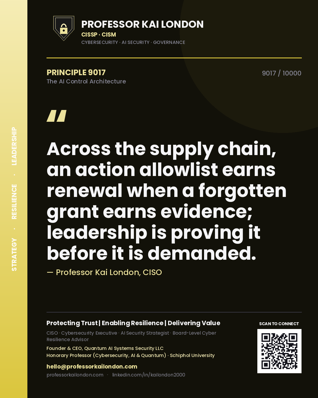 Quote card by Professor Kai London reading 'Across the supply chain, an action allowlist earns renewal when a forgotten grant earns evidence; leadership is proving it before it is demanded.'. From the book The AI Control Architecture.