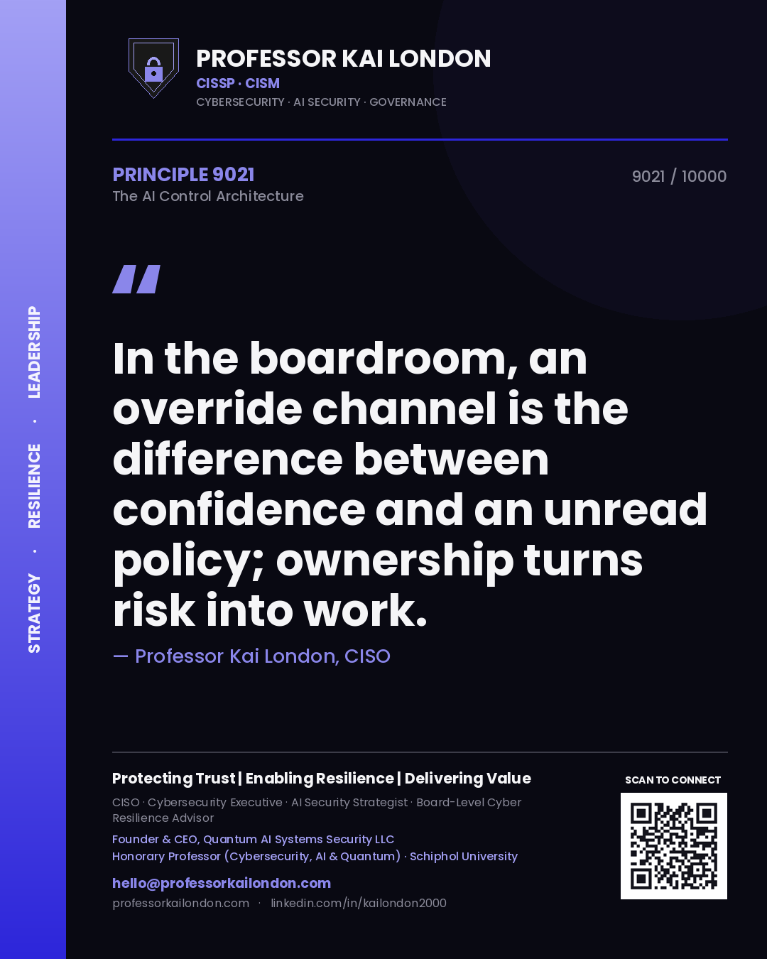 Quote card by Professor Kai London reading 'In the boardroom, an override channel is the difference between confidence and an unread policy; ownership turns risk into work.'. From the book The AI Control Architecture.