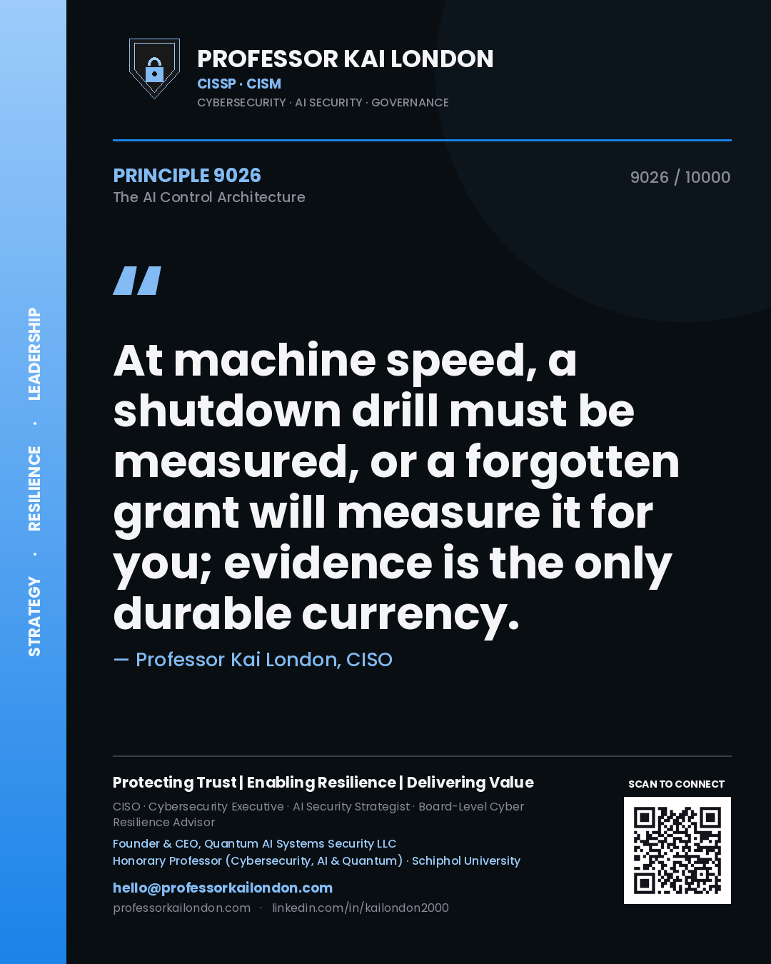 Quote card by Professor Kai London reading 'At machine speed, a shutdown drill must be measured, or a forgotten grant will measure it for you; evidence is the only durable currency.'. From the book The AI Control Architecture.