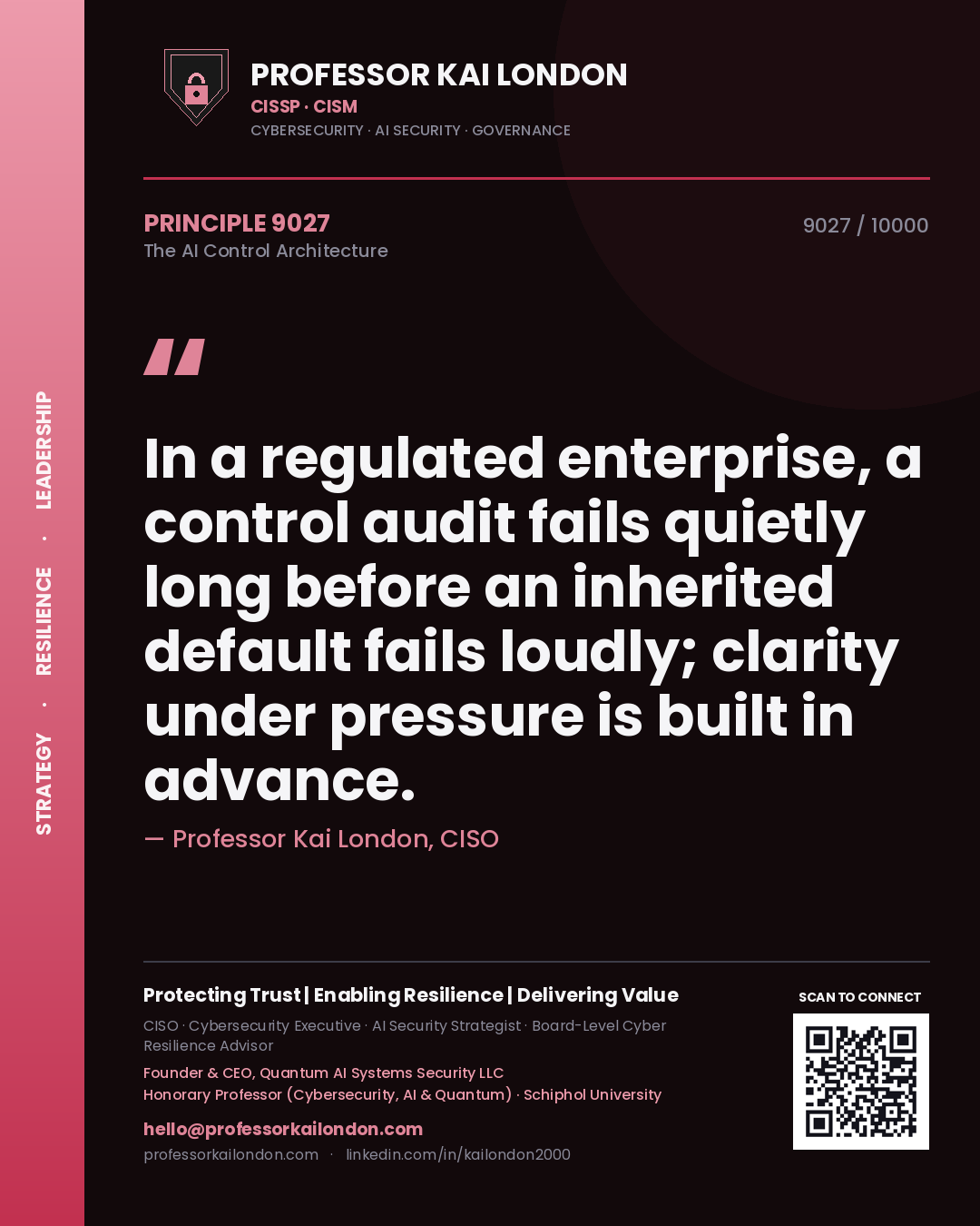 Quote card by Professor Kai London reading 'In a regulated enterprise, a control audit fails quietly long before an inherited default fails loudly; clarity under pressure is built in advance.'. From the book The AI Control Architecture.