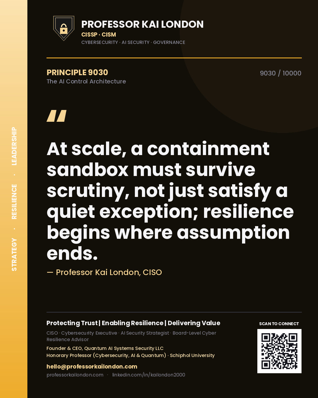 Professor Kai London principle 9030: At scale, a containment sandbox must survive scrutiny, not just satisfy a quiet exception; resilience begins where assumption ends.