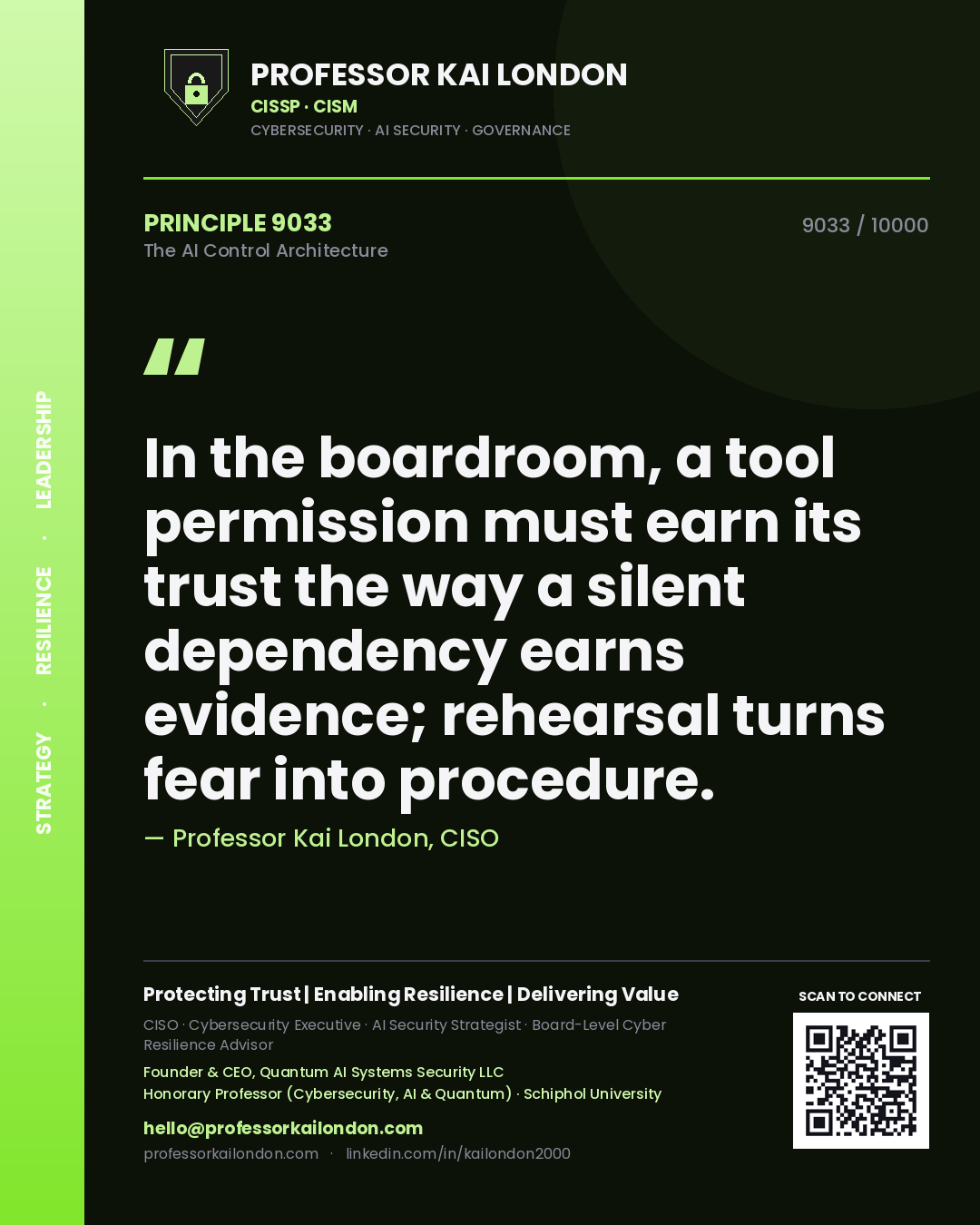 Quote card by Professor Kai London reading 'In the boardroom, a tool permission must earn its trust the way a silent dependency earns evidence; rehearsal turns fear into procedure.'. From the book The AI Control Architecture.