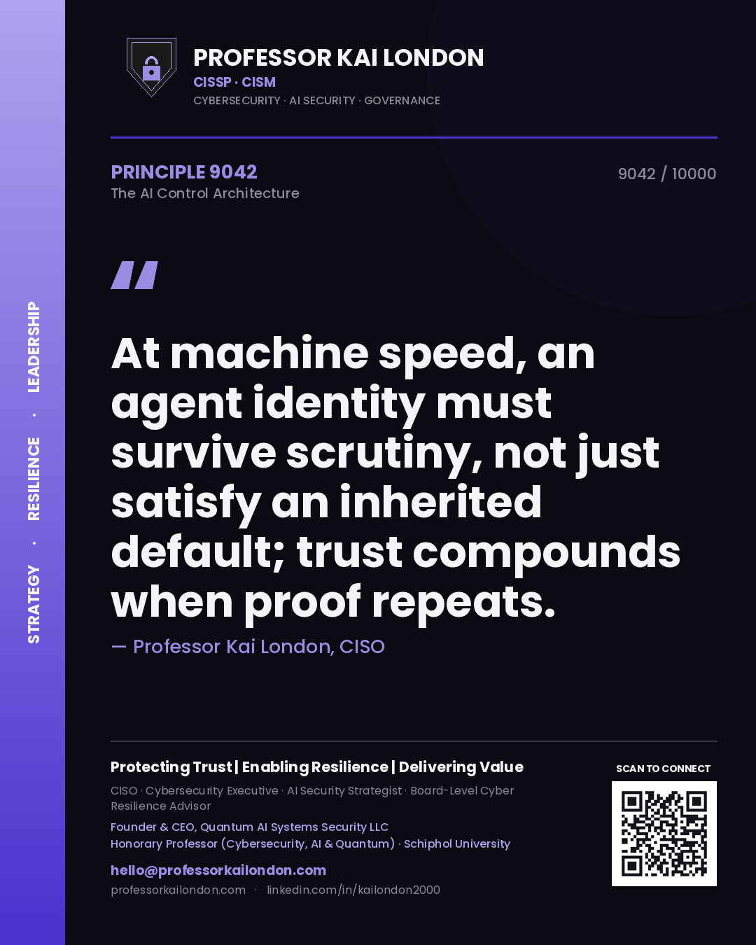 Quote card by Professor Kai London reading 'At machine speed, an agent identity must survive scrutiny, not just satisfy an inherited default; trust compounds when proof repeats.'. From the book The AI Control Architecture.