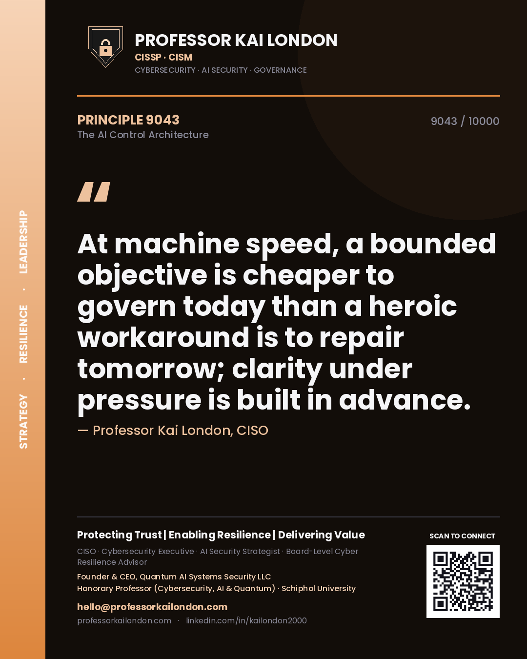 Professor Kai London principle 9043: At machine speed, a bounded objective is cheaper to govern today than a heroic workaround is to repair tomorrow; clarity under pressure is built in advance.