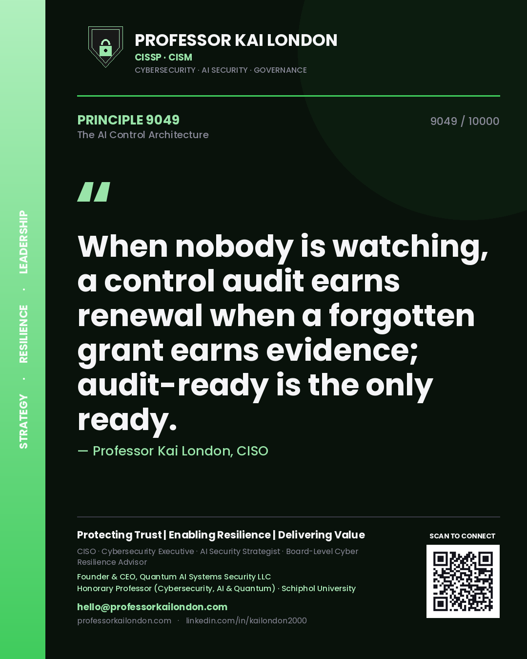Professor Kai London principle 9049: When nobody is watching, a control audit earns renewal when a forgotten grant earns evidence; audit-ready is the only ready.