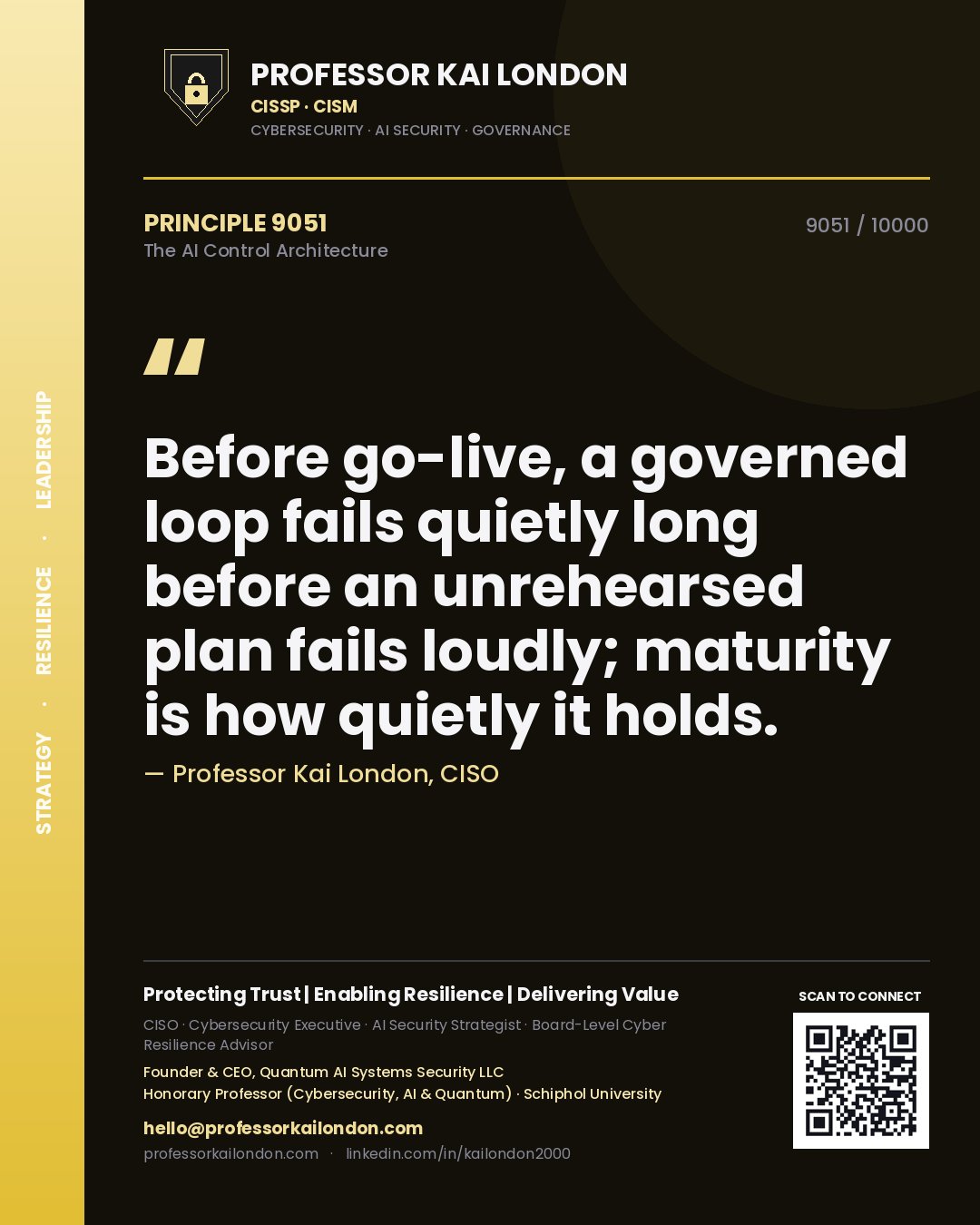 Professor Kai London principle 9051: Before go-live, a governed loop fails quietly long before an unrehearsed plan fails loudly; maturity is how quietly it holds.