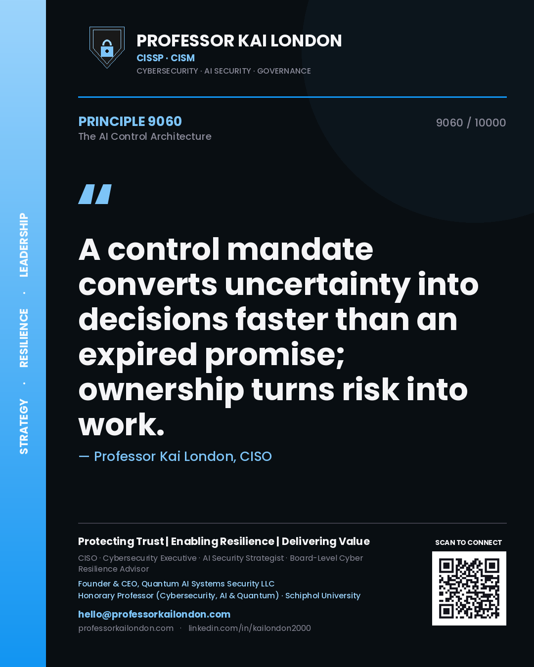 Quote card by Professor Kai London reading 'A control mandate converts uncertainty into decisions faster than an expired promise; ownership turns risk into work.'. From the book The AI Control Architecture.
