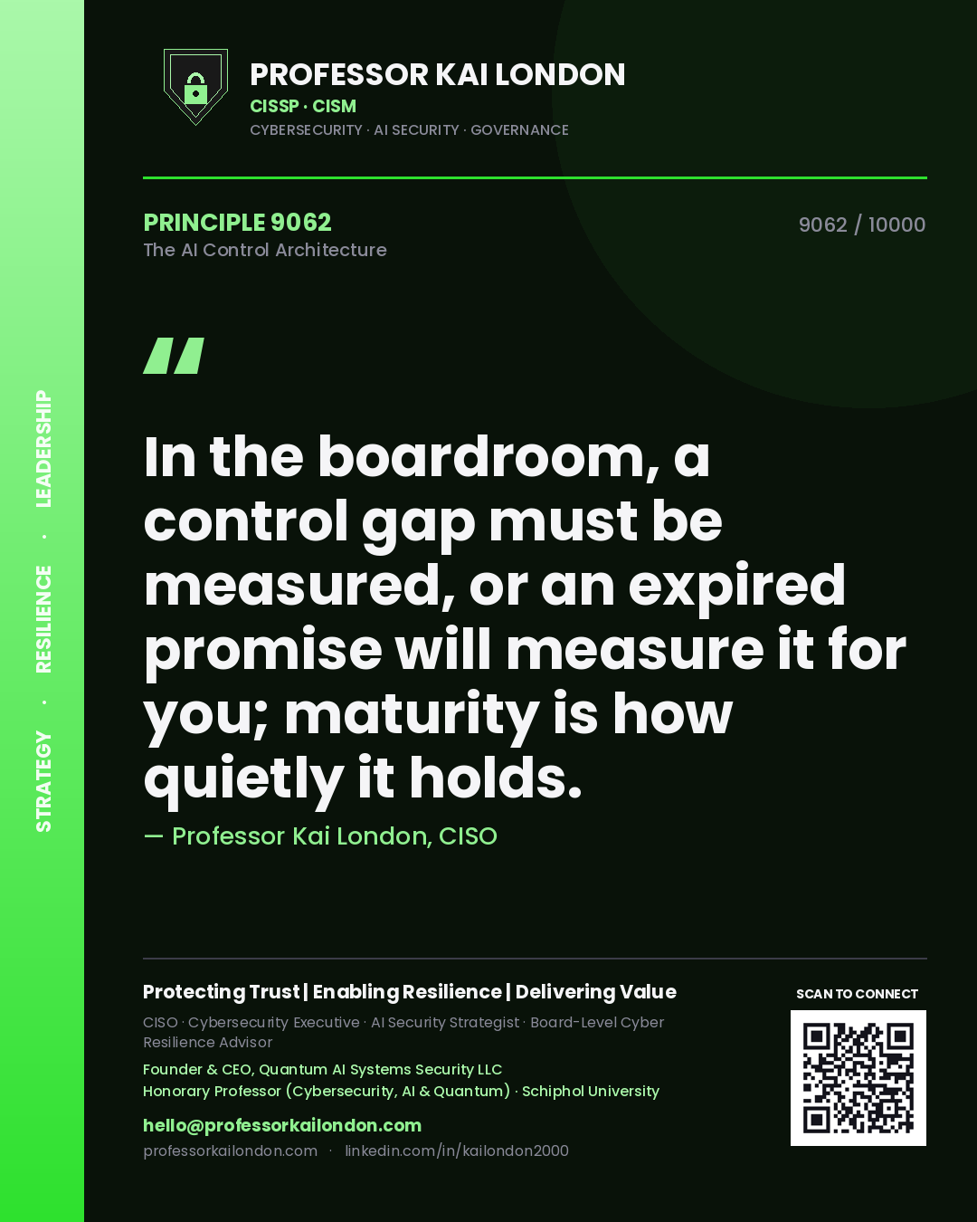 Professor Kai London principle 9062: In the boardroom, a control gap must be measured, or an expired promise will measure it for you; maturity is how quietly it holds.