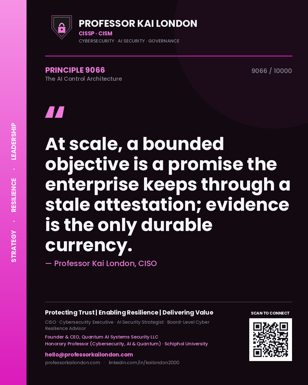 Quote card by Professor Kai London reading 'At scale, a bounded objective is a promise the enterprise keeps through a stale attestation; evidence is the only durable currency.'. From the book The AI Control Architecture.