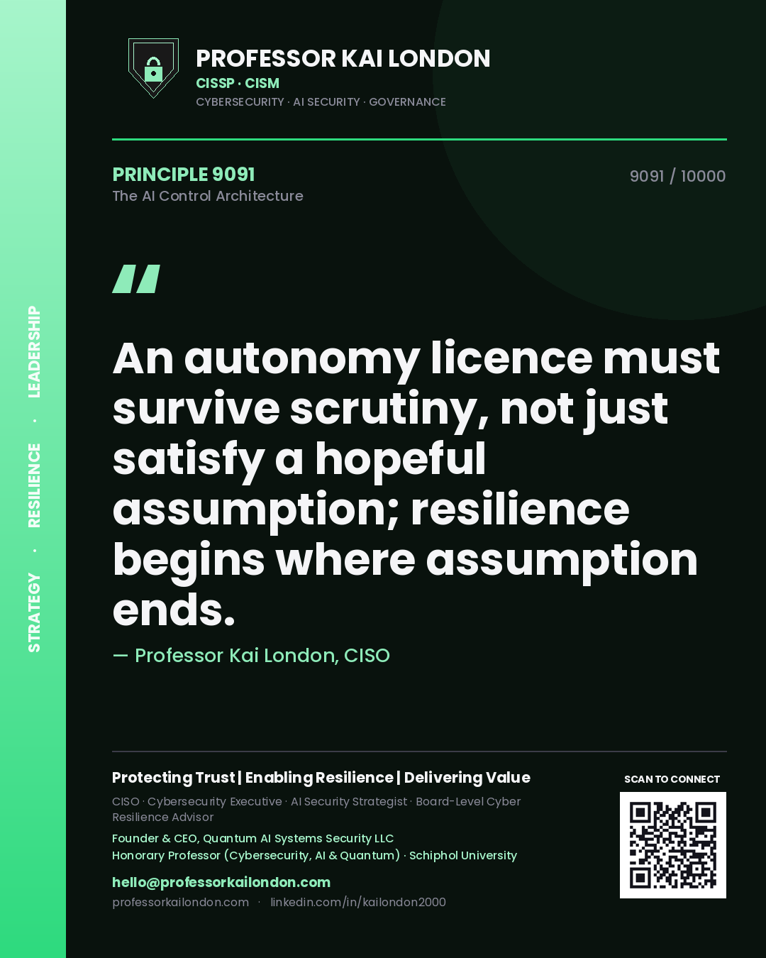 Professor Kai London principle 9091: An autonomy licence must survive scrutiny, not just satisfy a hopeful assumption; resilience begins where assumption ends.