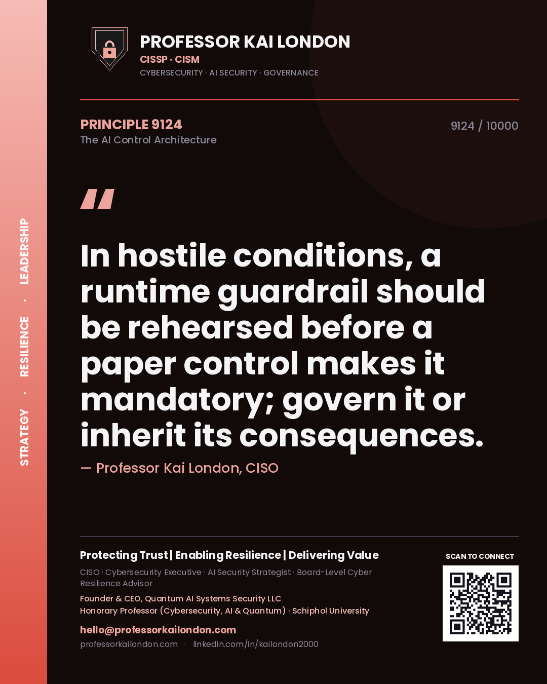 Quote card by Professor Kai London reading 'In hostile conditions, a runtime guardrail should be rehearsed before a paper control makes it mandatory; govern it or inherit its consequences.'. From the book The AI Control Architecture.