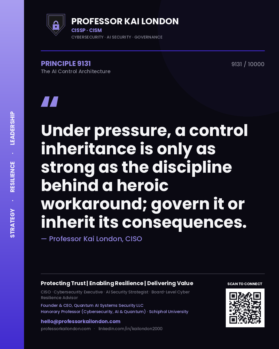 Quote card by Professor Kai London reading 'Under pressure, a control inheritance is only as strong as the discipline behind a heroic workaround; govern it or inherit its consequences.'. From the book The AI Control Architecture.