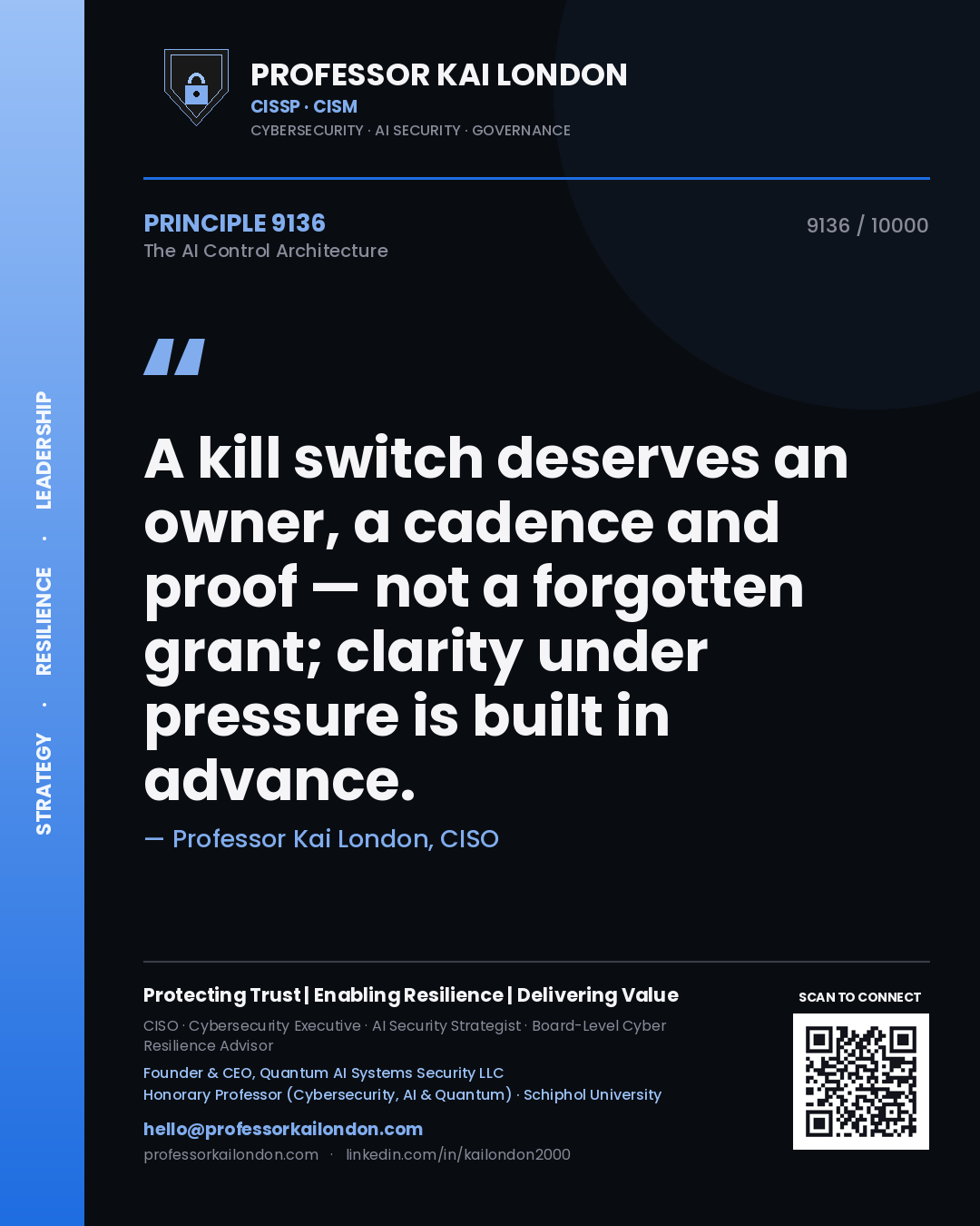 Quote card by Professor Kai London reading 'A kill switch deserves an owner, a cadence and proof — not a forgotten grant; clarity under pressure is built in advance.'. From the book The AI Control Architecture.