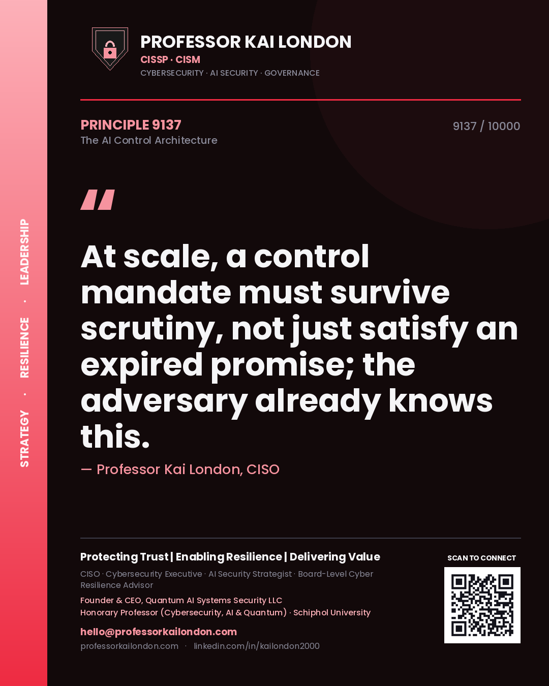 Quote card by Professor Kai London reading 'At scale, a control mandate must survive scrutiny, not just satisfy an expired promise; the adversary already knows this.'. From the book The AI Control Architecture.