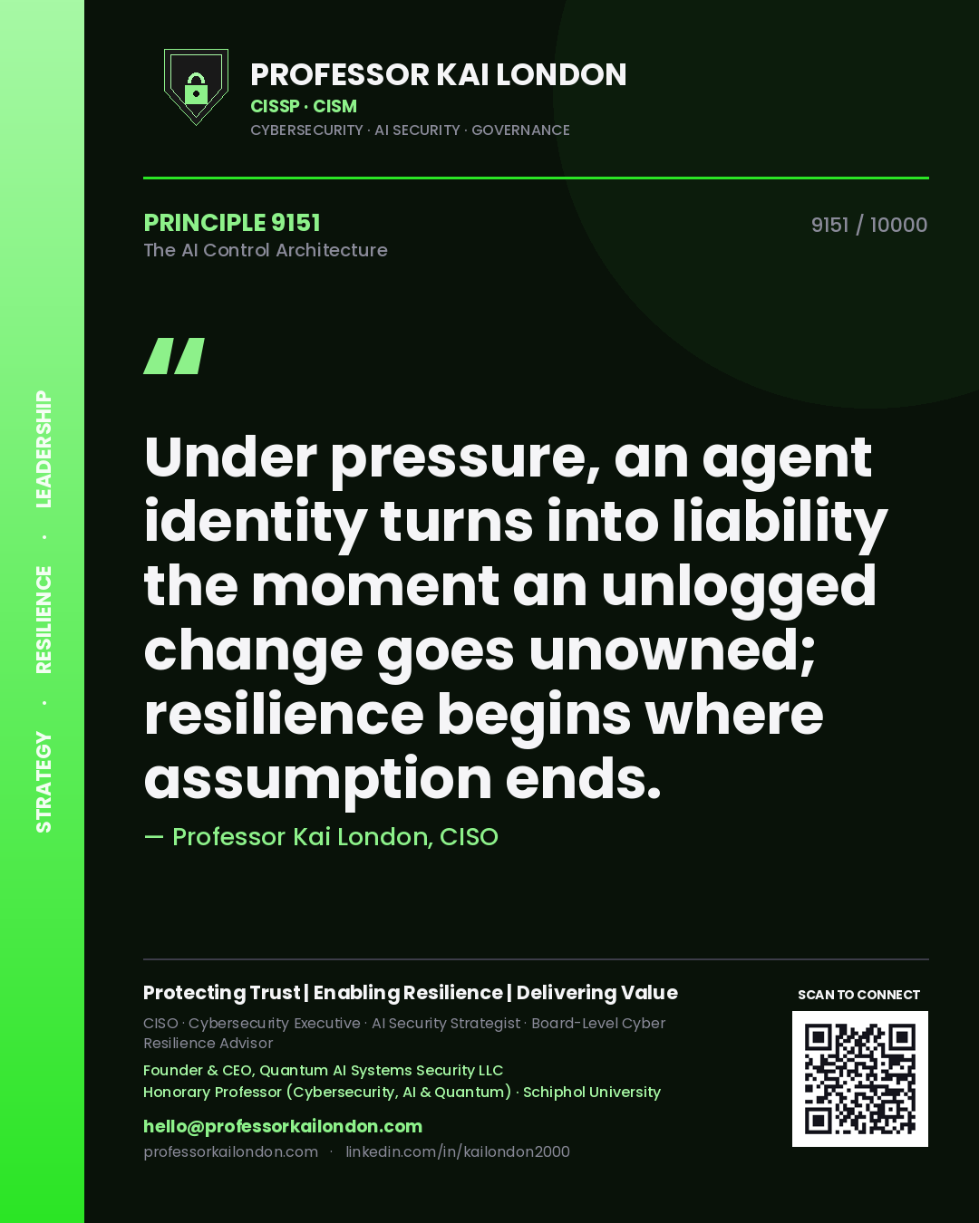 Quote card by Professor Kai London reading 'Under pressure, an agent identity turns into liability the moment an unlogged change goes unowned; resilience begins where assumption ends.'. From the book The AI Control Architecture.