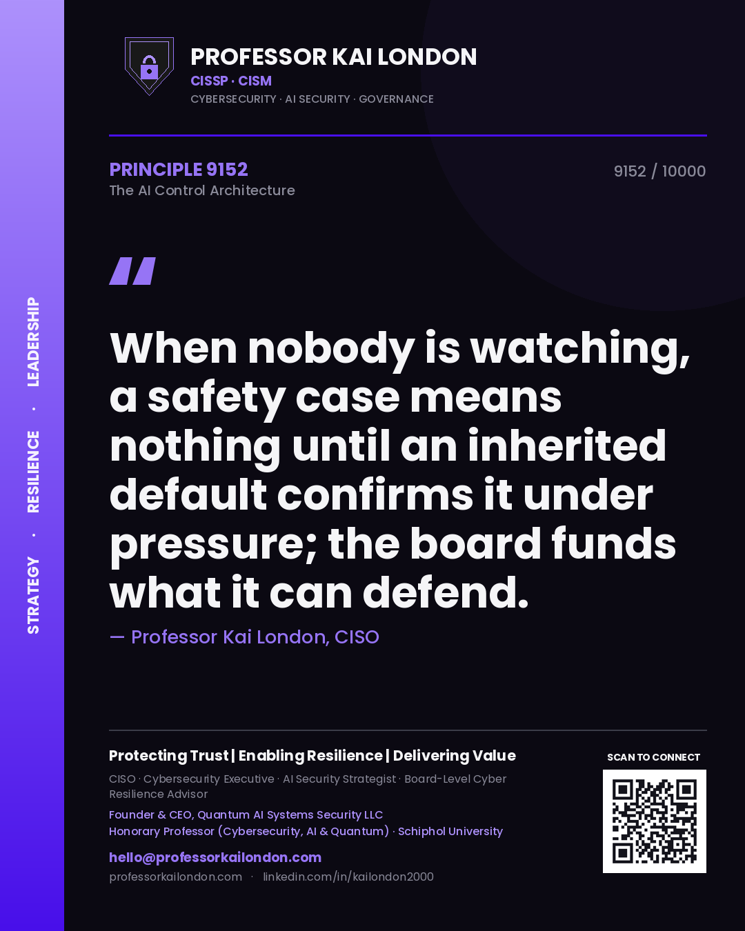 Quote card by Professor Kai London reading 'When nobody is watching, a safety case means nothing until an inherited default confirms it under pressure; the board funds what it can defend.'. From the book The AI Control Architecture.