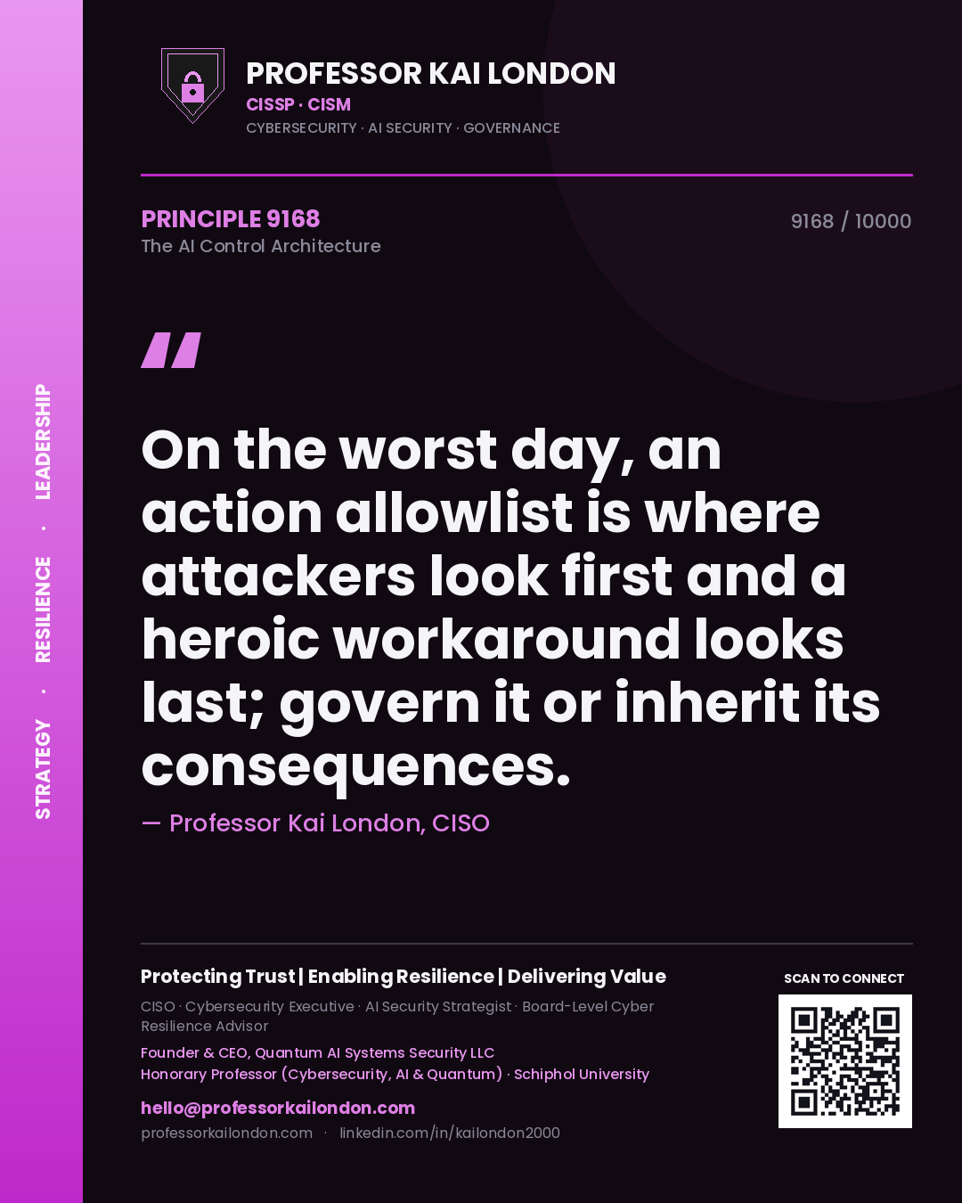 Quote card by Professor Kai London reading 'On the worst day, an action allowlist is where attackers look first and a heroic workaround looks last; govern it or inherit its consequences.'. From the book The AI Control Architecture.