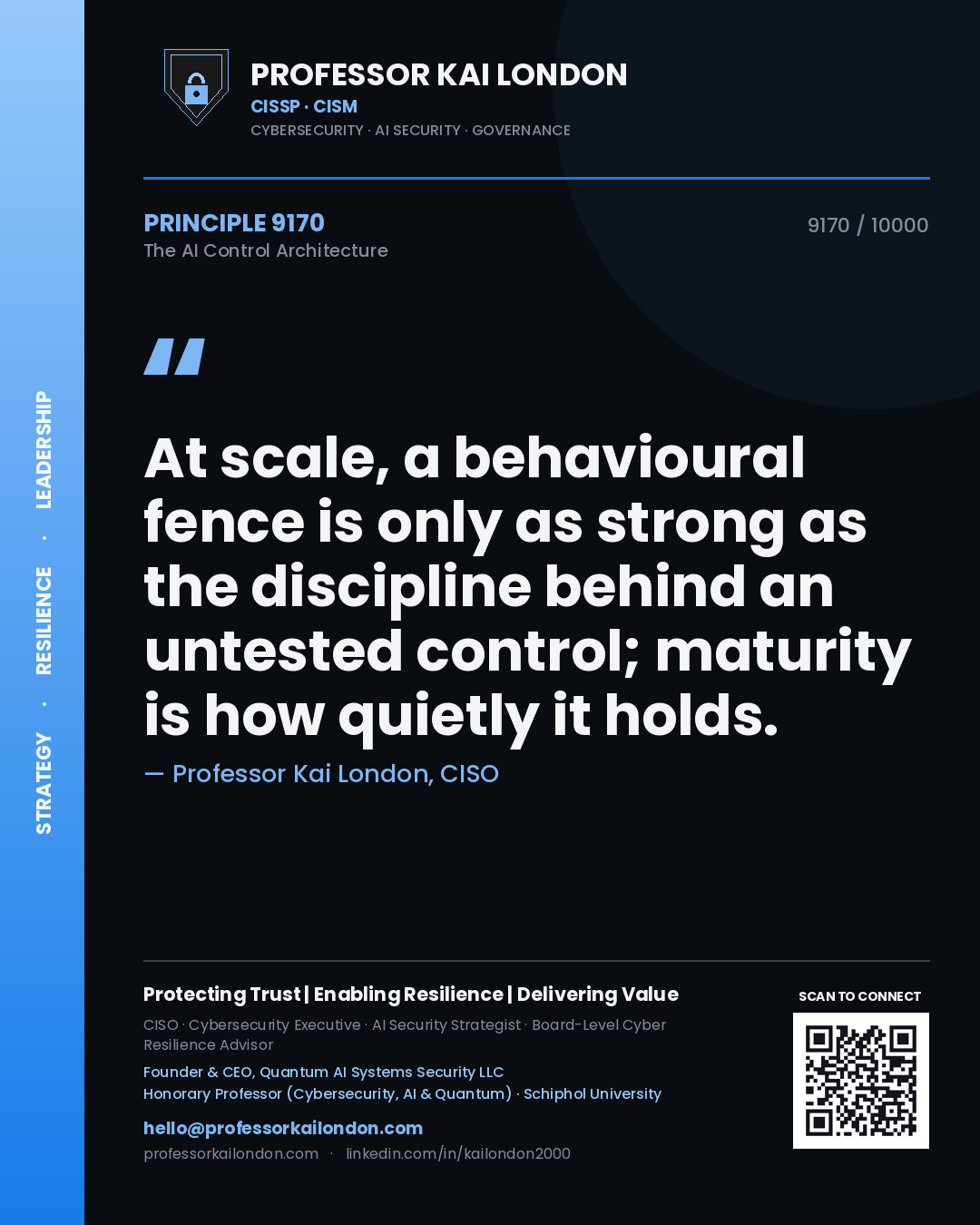 Quote card by Professor Kai London reading 'At scale, a behavioural fence is only as strong as the discipline behind an untested control; maturity is how quietly it holds.'. From the book The AI Control Architecture.
