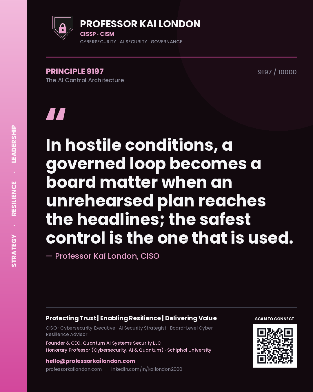 Quote card by Professor Kai London reading 'In hostile conditions, a governed loop becomes a board matter when an unrehearsed plan reaches the headlines; the safest control is the one that is used.'. From the book The AI Control Architecture.
