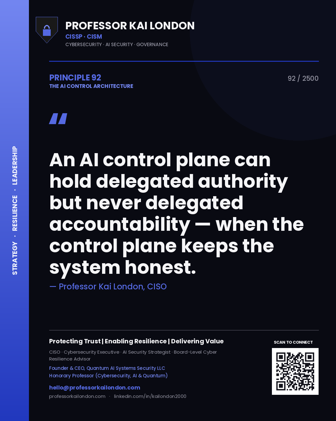 Quote card by Professor Kai London reading 'An AI control plane can hold delegated authority but never delegated accountability — when the control plane keeps the system honest.'. From the book The AI Control Architecture.