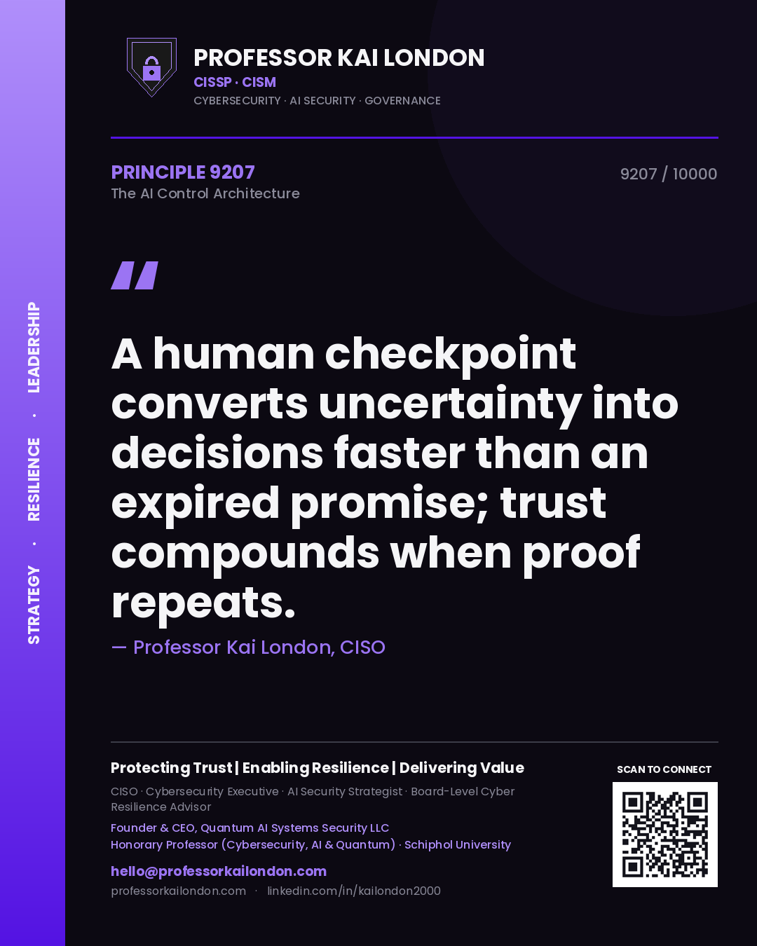 Quote card by Professor Kai London reading 'A human checkpoint converts uncertainty into decisions faster than an expired promise; trust compounds when proof repeats.'. From the book The AI Control Architecture.