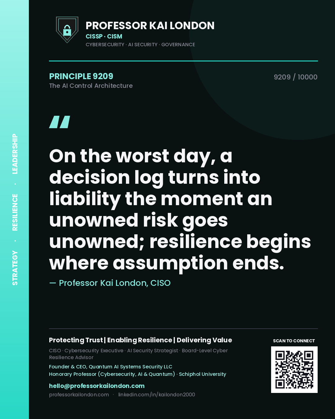 Quote card by Professor Kai London reading 'On the worst day, a decision log turns into liability the moment an unowned risk goes unowned; resilience begins where assumption ends.'. From the book The AI Control Architecture.