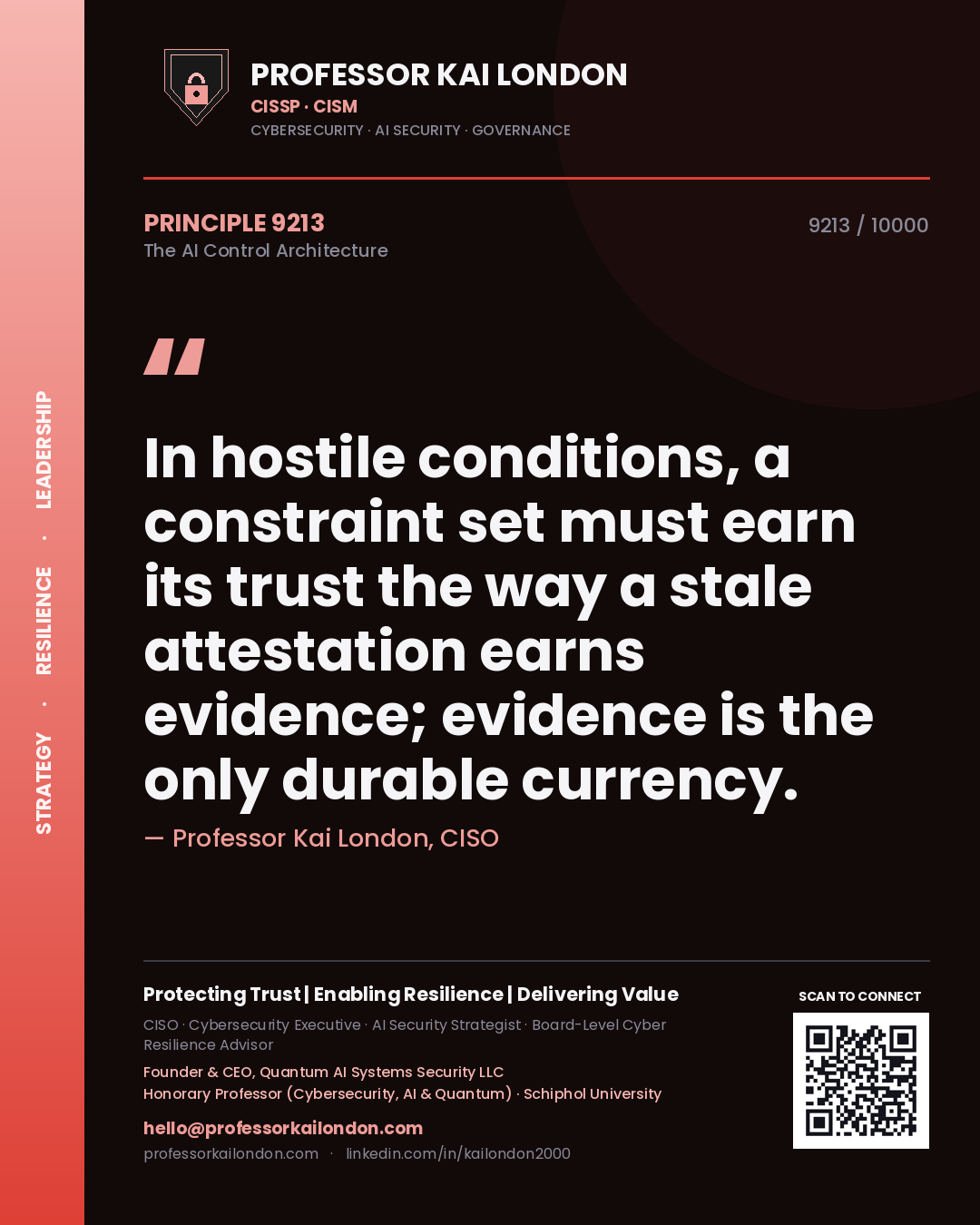 Professor Kai London principle 9213: In hostile conditions, a constraint set must earn its trust the way a stale attestation earns evidence; evidence is the only durable currency.